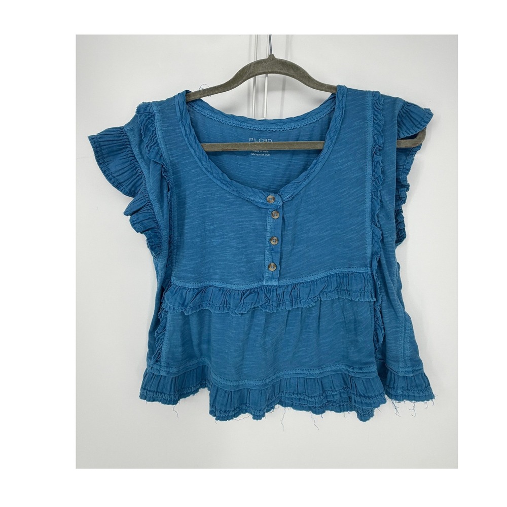 Pilcro Ruffle Top Womens Small Blue Tiered Henley Boho Cottagecore Anthropologie